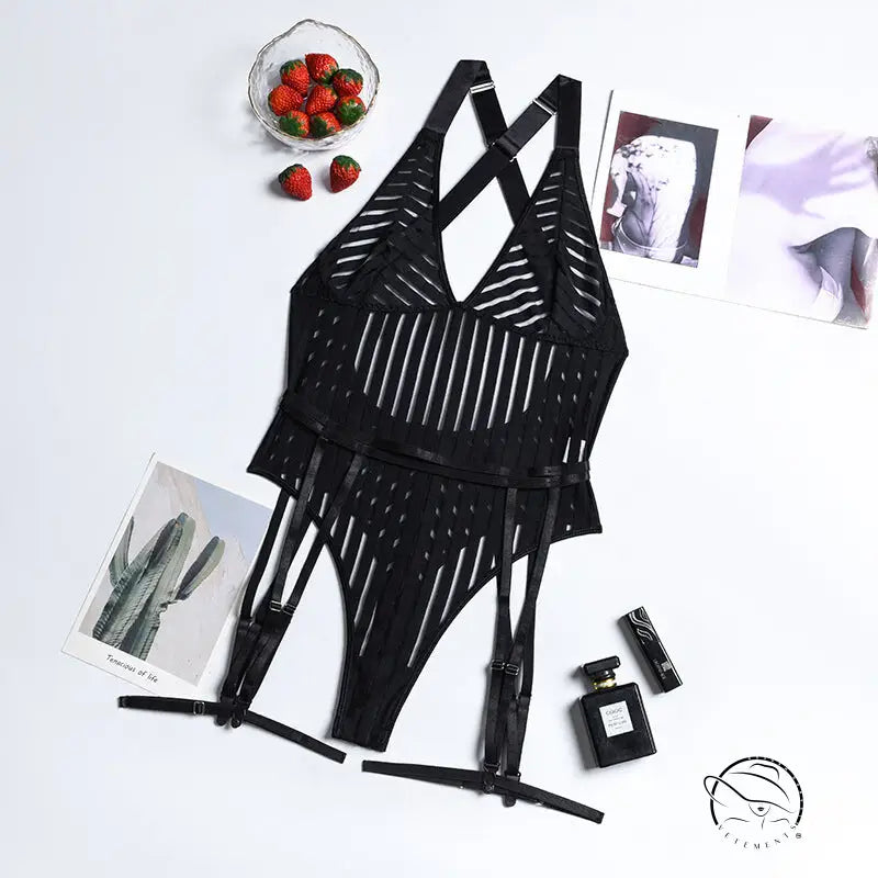 Hollow out Cutout Striped Cross Strap one Piece Lingerie Suit