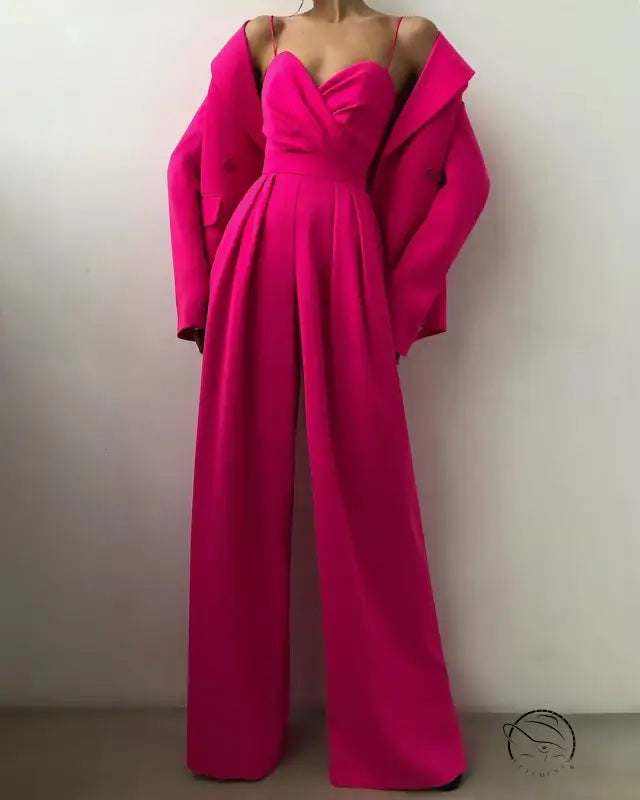 Elegant modern jumpsuit in hot pink with long-sleeved jacket and sweetheart neckline