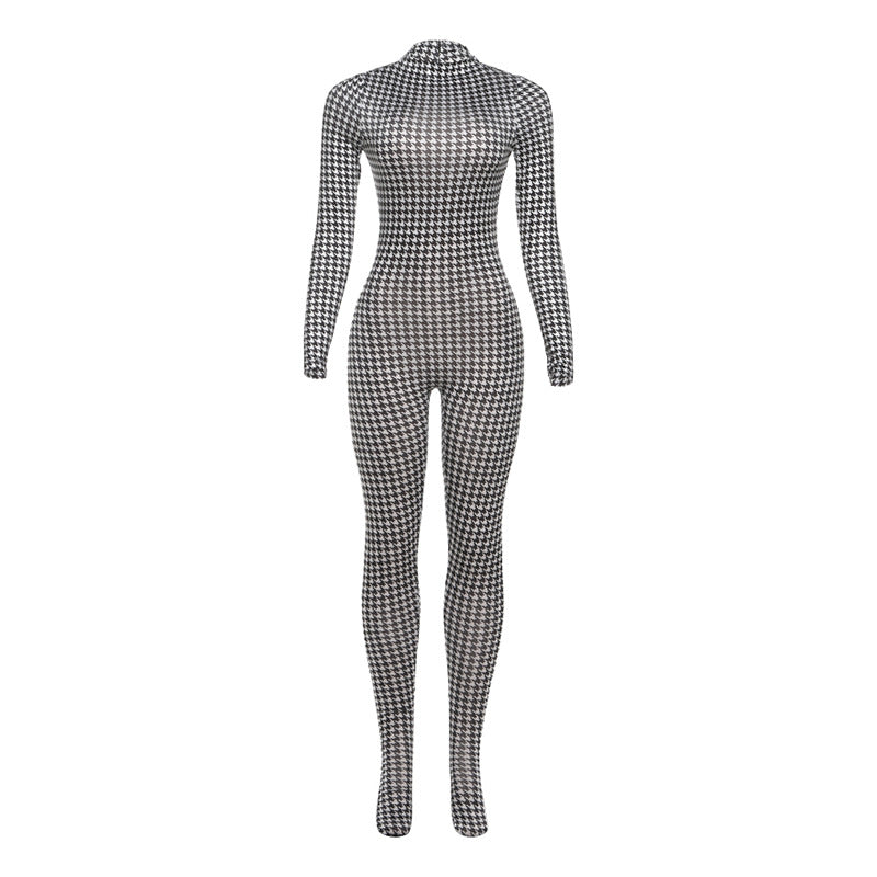 Langry fashion houndstooth print high-waist slim fit bodysuit, black and white
