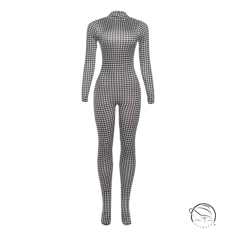 Langry fashion houndstooth print bodysuit, black white high neck slim fit