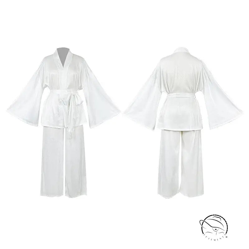 White satin kimono robe with pants, loose langry fashion home wear set