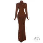 Beautiful high collar maxi dress with brown long sleeves and ruched high neckline