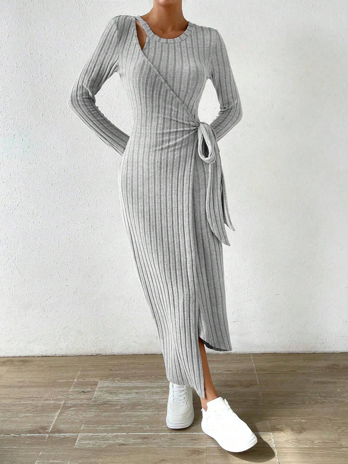Gray ribbed knit maxi dress with long sleeves and side slit