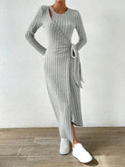 Gray ribbed knit maxi dress with long sleeves and side slit