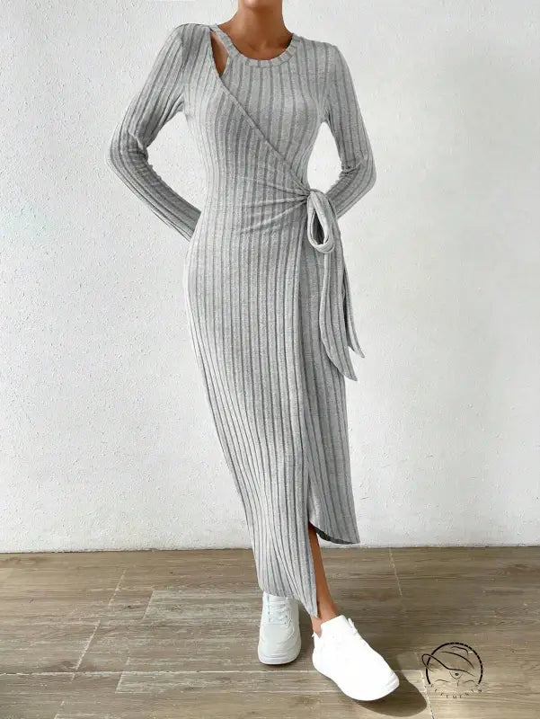 Gray ribbed knit maxi dress with long sleeves and side slit