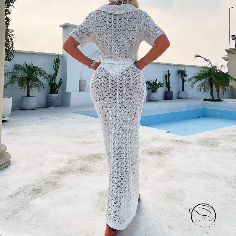 White crocheted maxi dress in attractive shirt and maxi skirt sets