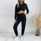 Langry fashion black two-piece sweater set with crop top and joggers