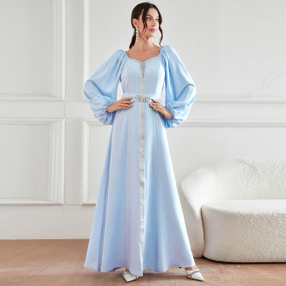 Elegant langry high waist rhinestone fashion dress in light blue satin