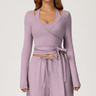 Lavender langry fashion wrap top with long sleeves and tie waist for yoga