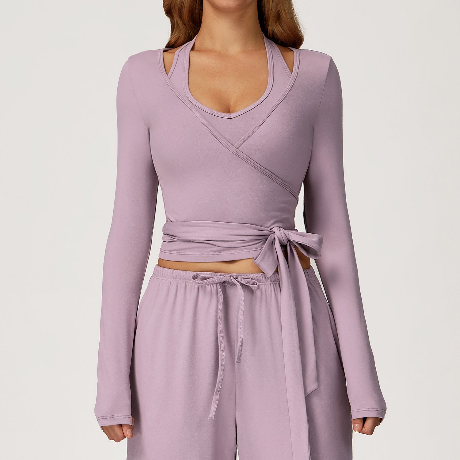 Lavender langry fashion wrap top with long sleeves and tie waist for yoga