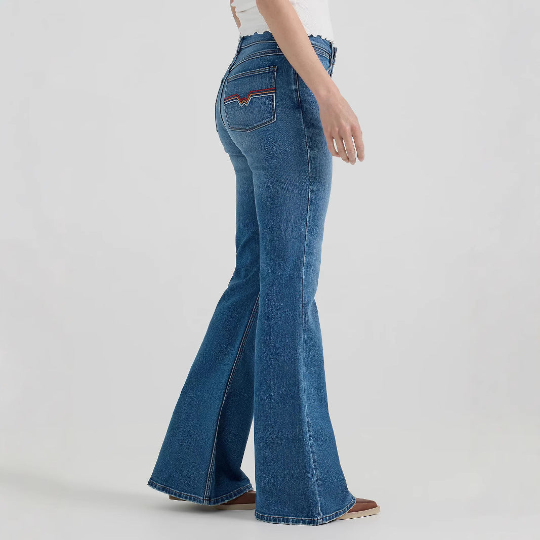 Flared blue denim jeans with red stitching from Comfy Embroidered Micro Stretch Jeans fashion