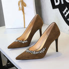 Langry fashion brown suede rhinestone stiletto heel with pointed toe