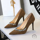 Elegant langry brown suede Rhinestone Cocktail Stiletto Heel with pointed toe and rhinestones