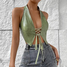Lustrous pale green solid color halter lace-up faux leather vest