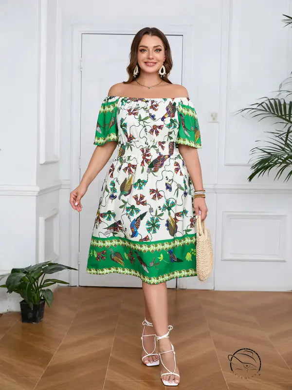 Elegant bohemian dress with bird pattern and straw tote