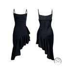 Black cowl neck mini dress with satin oblique swing ruffled spaghetti straps