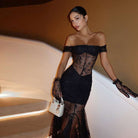 Elegant black lace gown featured in the Elegant Lace Slim Maxi Dress for timeless fashion