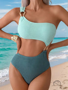 Stunning hollow out mint green and teal one-shoulder swimsuit with side cutouts