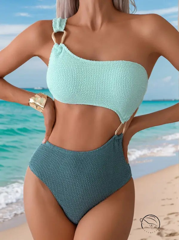 Stunning hollow out mint green and teal one-shoulder swimsuit with side cutouts