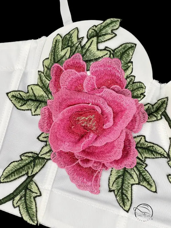 Pink rose embroidered patch on langry fashion corset with green leaves