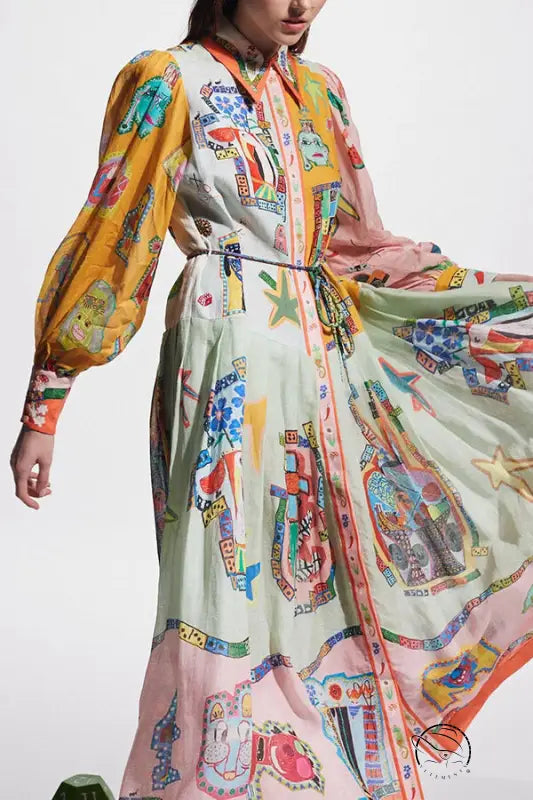 Single Breasted Long Lantern Sleeve Graffiti Printing Lace Up Large Swing Dress