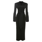 Gorgeous waist tight slim fit black long-sleeved V-neck dress with belt