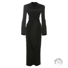 Gorgeous waist tight slim fit black long-sleeved v-neck dress with belt
