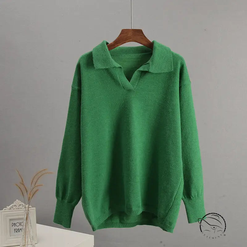 Green V-neck collared long-sleeve langry fashion sweater