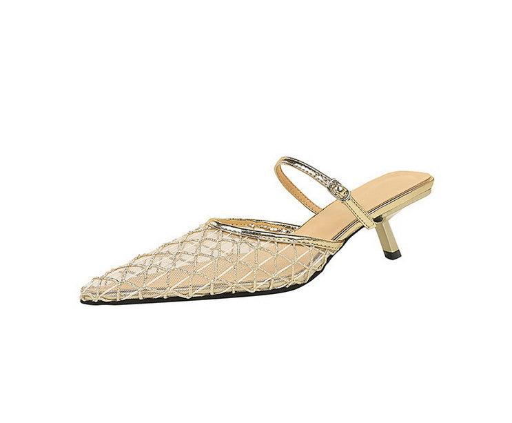 Langry fashion gold glitter mule heel in mesh lace pointed toe stiletto sandal