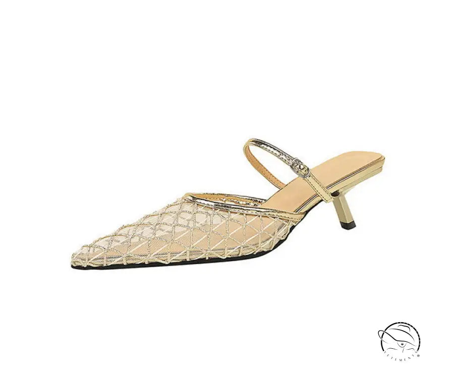 Langry fashion mesh lace pointed toe stiletto sandal with gold glitter mule heel