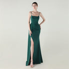 Elegant emerald green satin mermaid gown with high slit, langry fashion dress