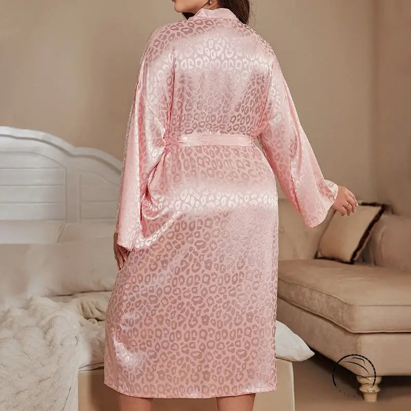 Pink leopard print langry robe with satin finish and lace trim