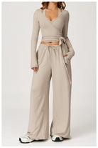 Langry beige wide-leg yoga pants with drawstring waist and pockets, fashion ملابس