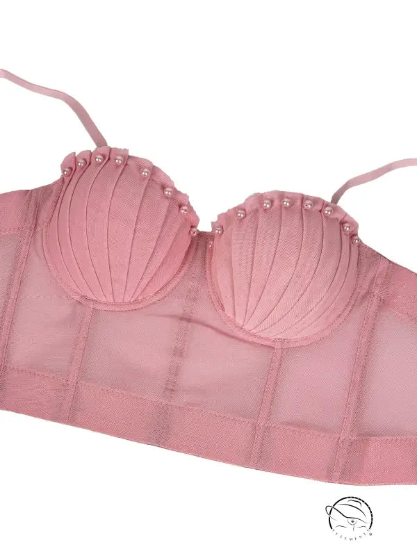 Pink seashell langry corset with pearl accents and sheer mesh fabric