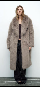 Elegant cozy faux fur coat in plush taupe with wide collar