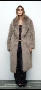 Elegant cozy faux fur coat in taupe, langry fashion style