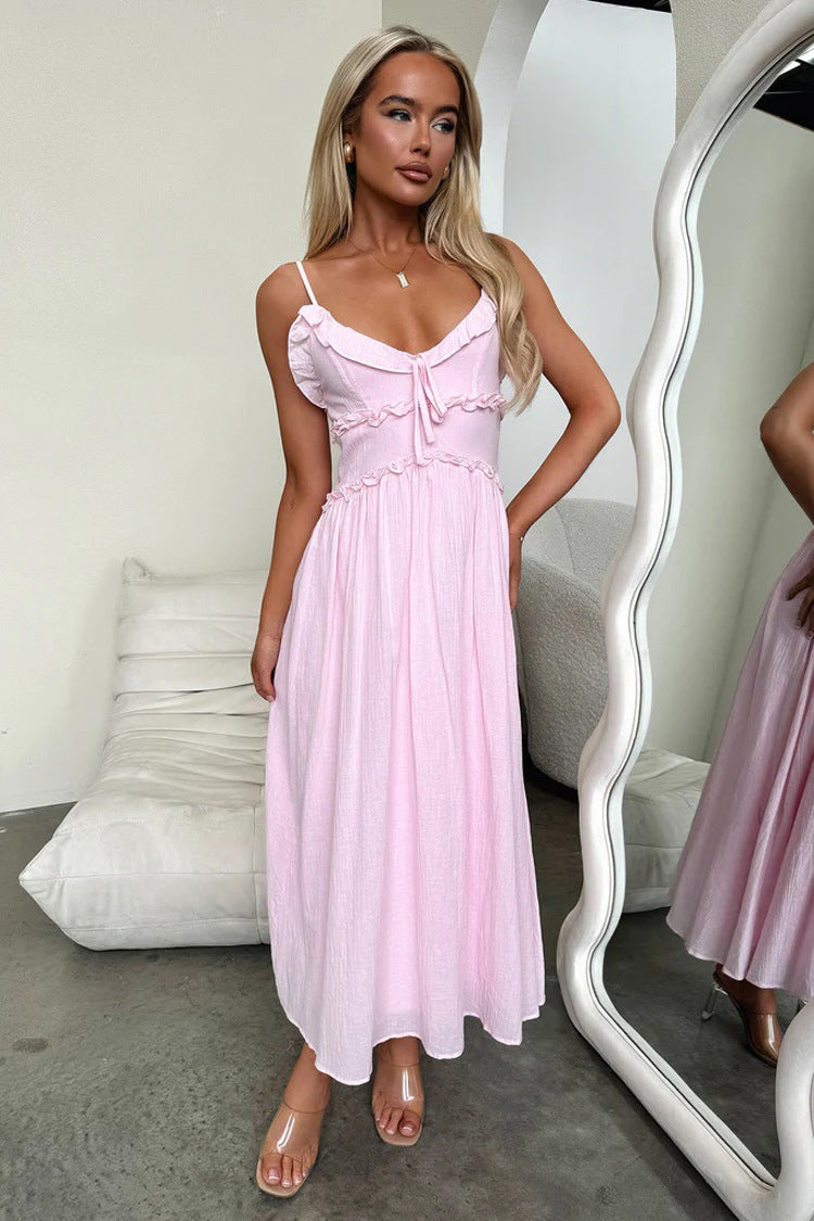 Light pink midi sundress with spaghetti straps, tied bodice detail for trendy Langry fashion
