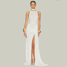 Elegant white high-slit evening gown with gold accents in Langry fashion