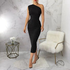 Enchanting one-shoulder langry fashion dress with high slit, black midi silhouette