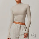 Beige long-sleeved quick drying fitness sports outerwear crop top