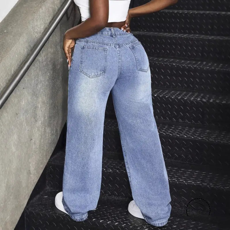 Light blue wide-leg match denim long jeans