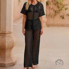 Black crochet lace beach loose shirt and wide-leg pants set