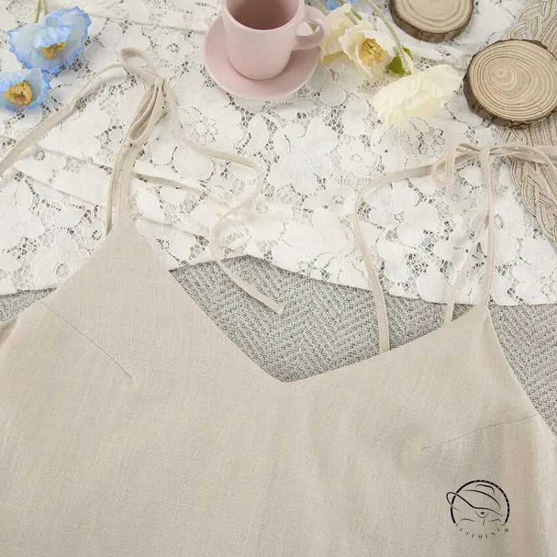 Beige linen camisole in casual backless cotton home wear nightdress