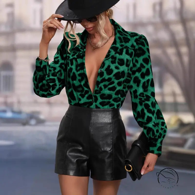 Green leopard print langry fashion blouse with puff sleeves and black leather shorts