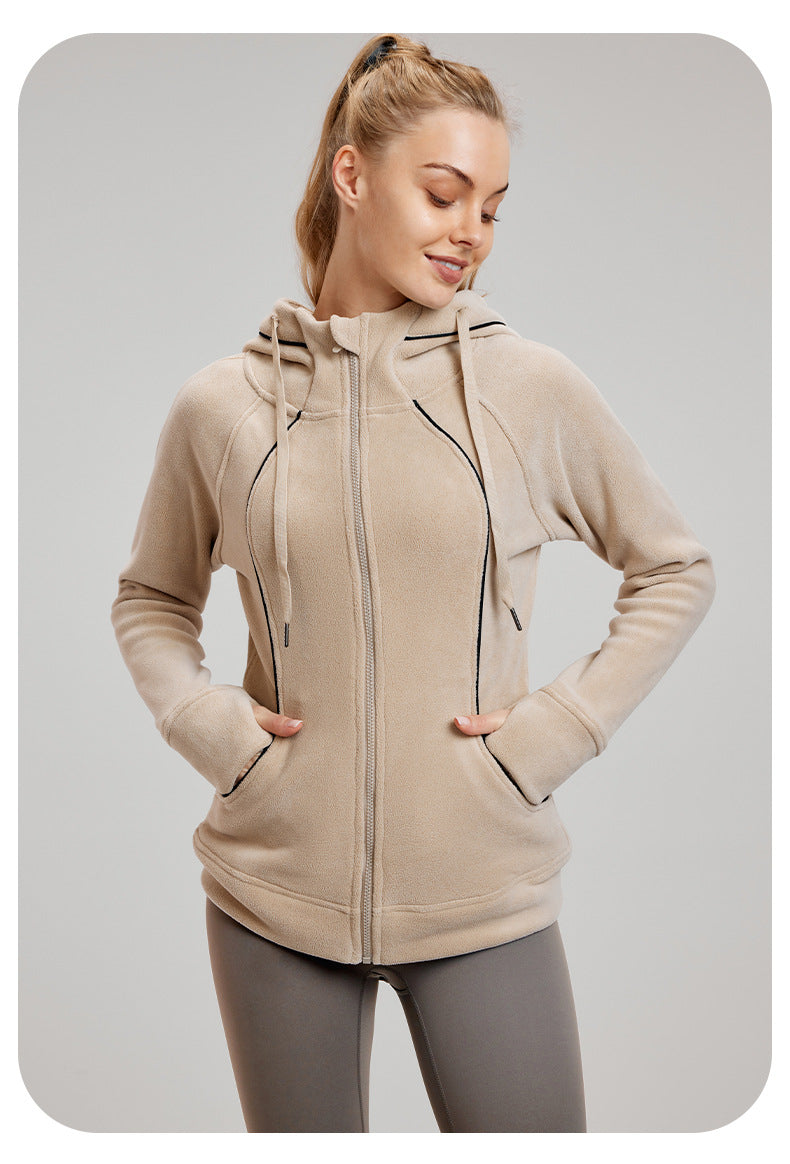 Beige zip-up hoodie with pockets, perfect for thermal workout fashion and ملابس styles