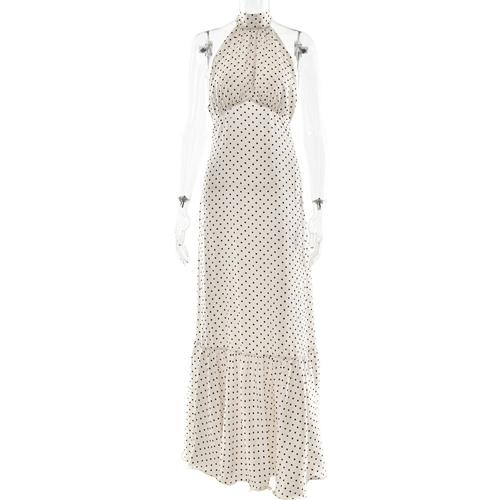 Elegant polka dot French halter satin maxi dress with sheer sleeves