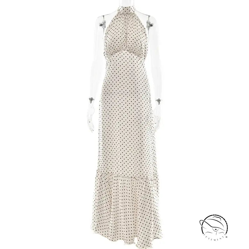 White polka dot halter neck satin maxi dress with sheer sleeves