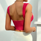Back view of a red crop top from Summer Sweet Romantic Floral Tied Spaghetti Strap Bra