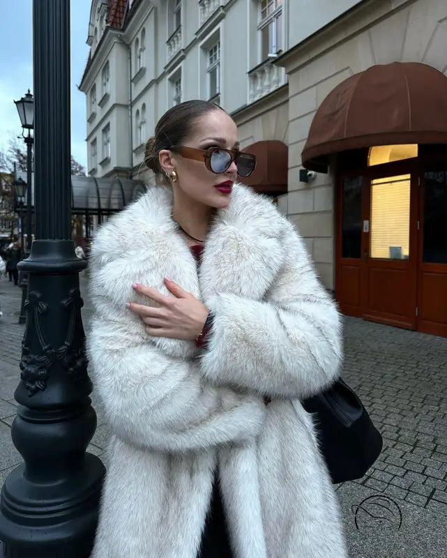 Warm winter faux fur coat with white luxurious texture