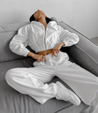 Langry fashion ملابس: white velvet hooded cropped hoodie and wide-leg sweatpants set